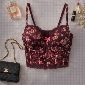 Victoria’s Secret Floral Lace Bustier Bra Top Burgundy Underwire Corset 34DD